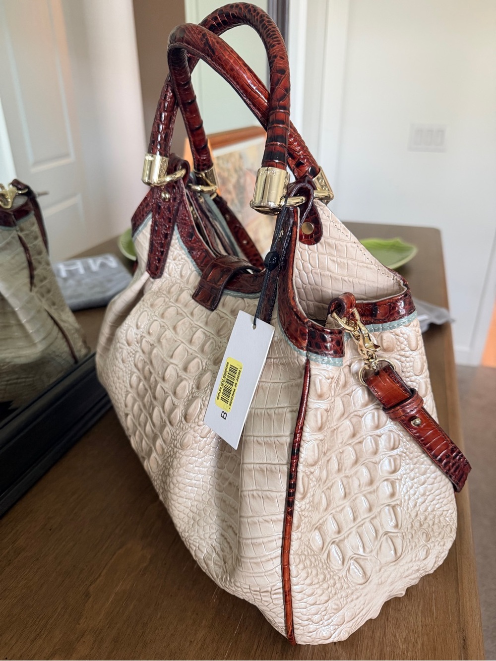 NWT Brahmin Elisa Linen Croc-Embossed Leather Satchel - Picture 9 of 10